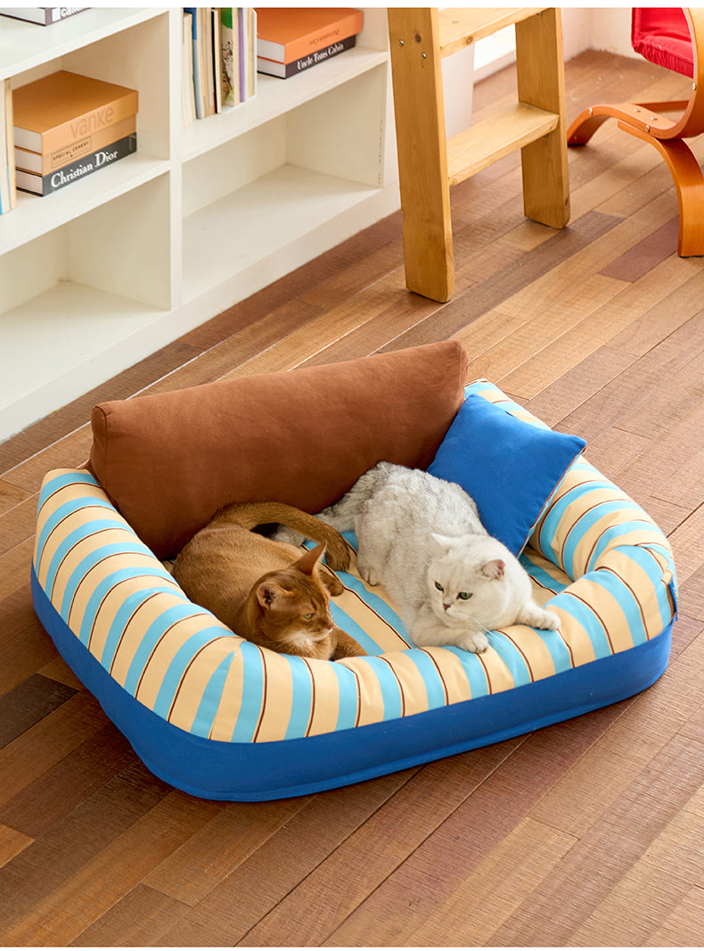 zeze Sandwich Pet Sofa Bed — Striped Cotton Canvas Couch with Backrest & Cushion