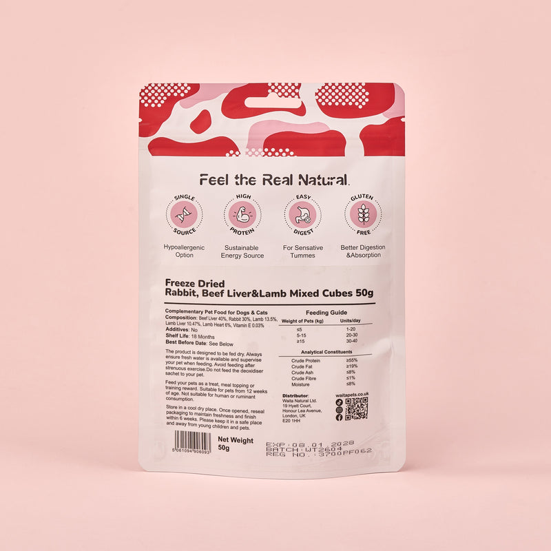 Waita Freeze Dried Mixed Red Meat Cubes (Rabbit, Beef Liver & Lamb) 50g