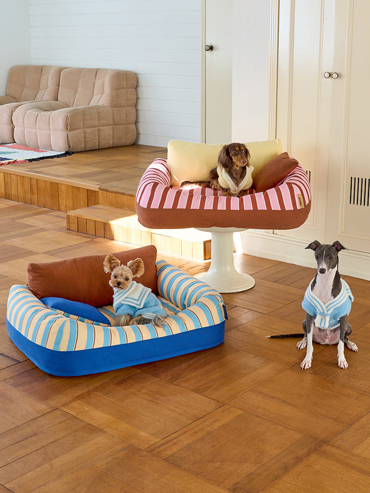 zeze Sandwich Pet Sofa Bed — Striped Cotton Canvas Couch with Backrest & Cushion