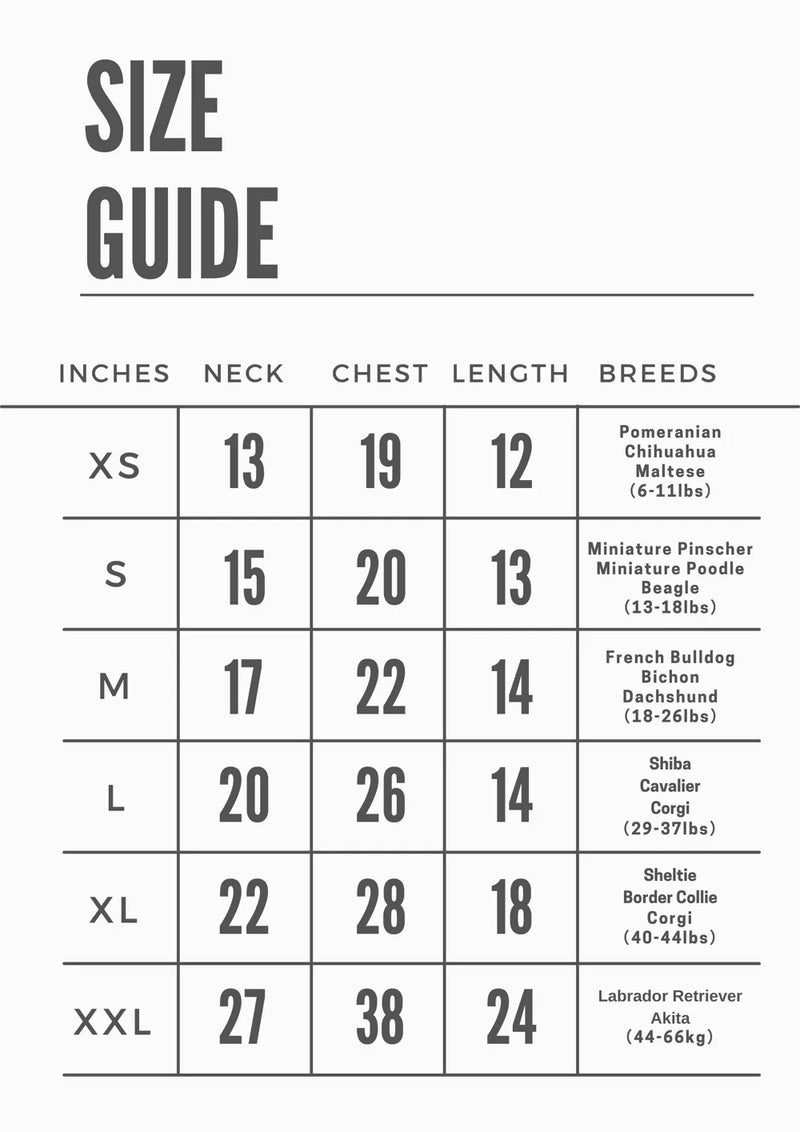 Pehom Rain Coat Size Chart